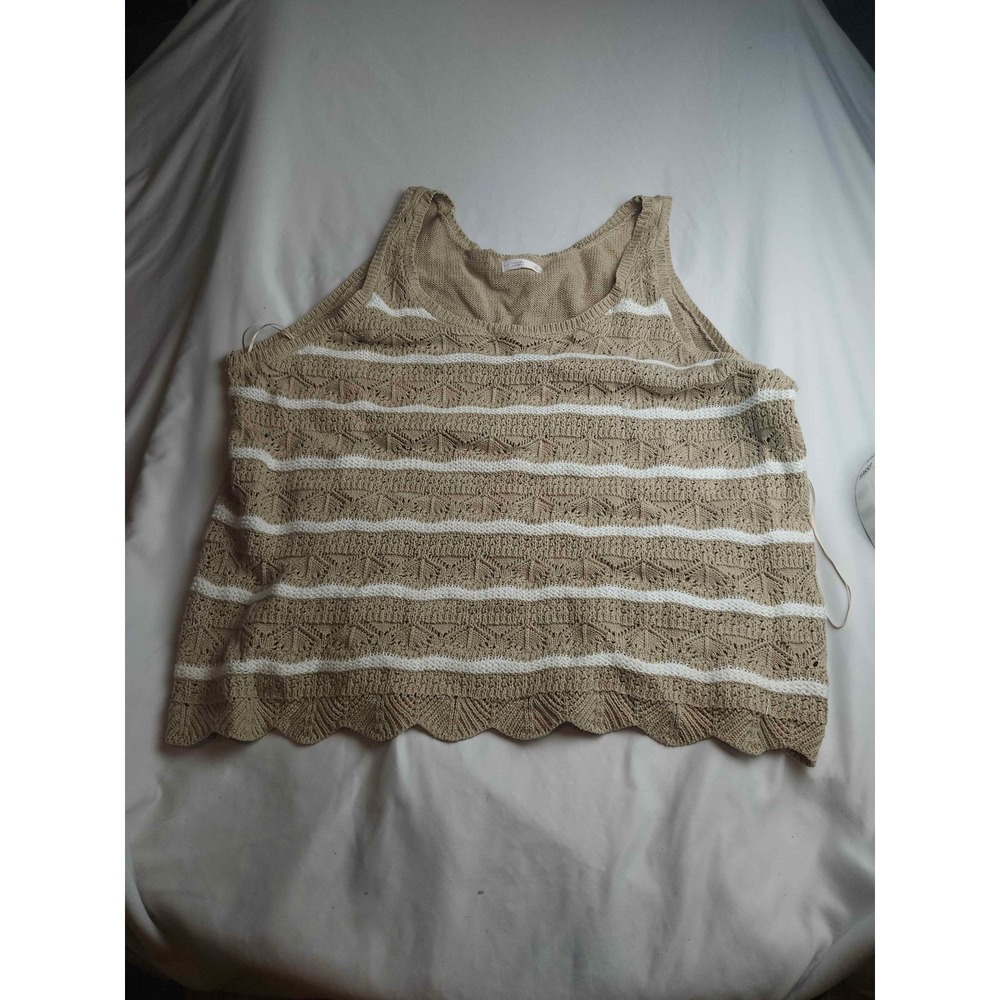 LC Lauren Conrad Womens 3X Tan White Striped Pointelle Knit Scallop Tank Top